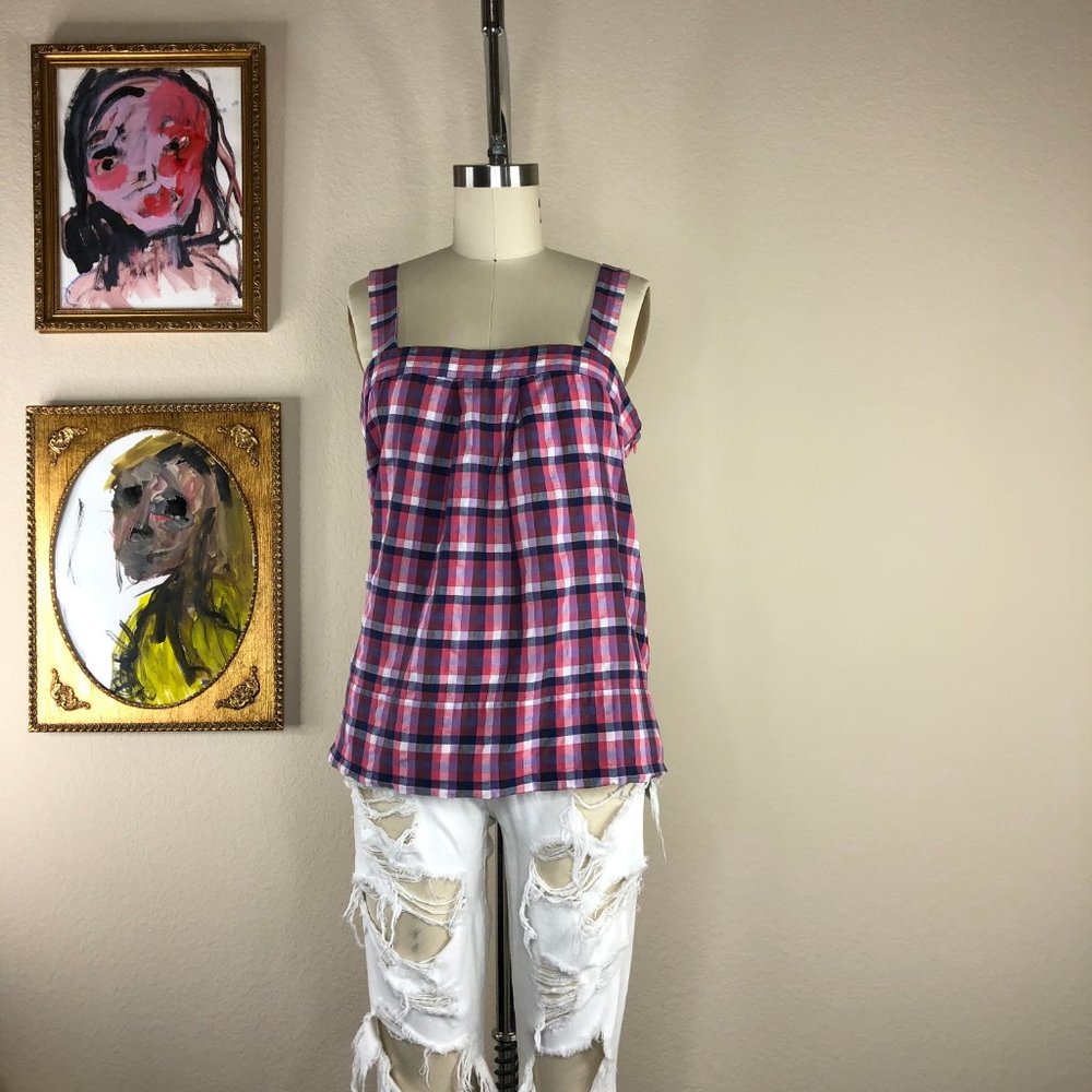Theory Tressia Plaid Square Neck Tank Blouse Top